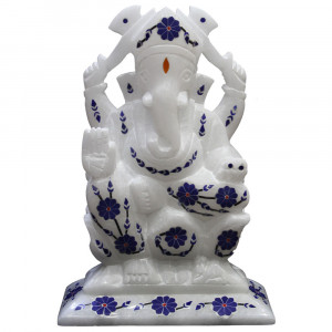  6.5" x 4.5" Inch Lapislazuli Gemstone Inlaid White Marble Ganesh Figurine
