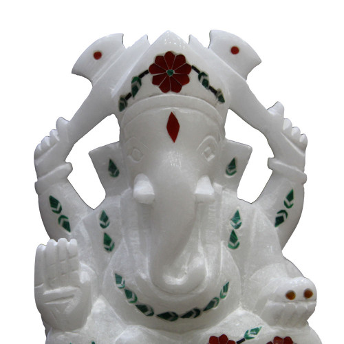 Carnelian Gemstone Inlaid White Alabaster Ganesh Statue
