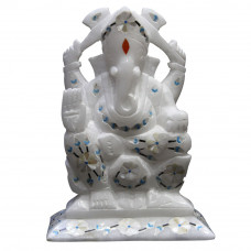 5" x 3.5" Inch Real Rare Gemstones Inlaid White Marble Ganesh Statue