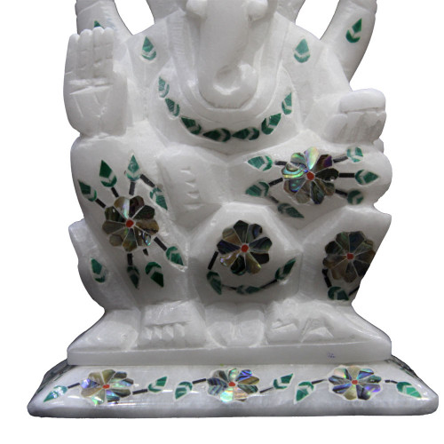 Paua Shell Inlaid Alabaster Marble Ganesha Sculpture