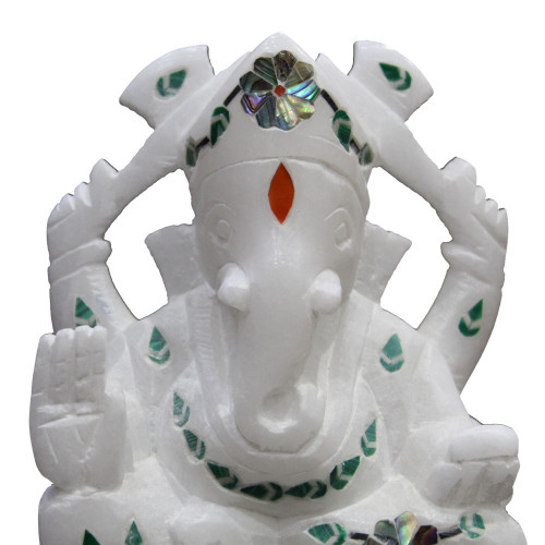Paua Shell Inlaid Alabaster Marble Ganesha Sculpture