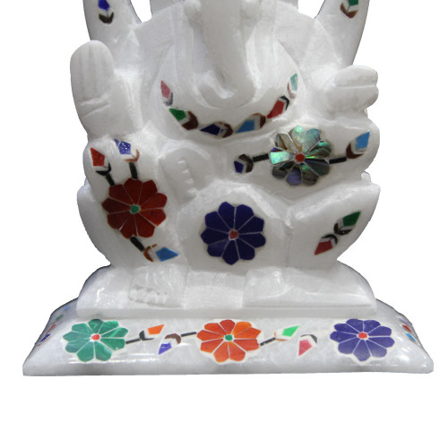 Semiprecious Stones Inlaid White Ganesha Sculpture For Home