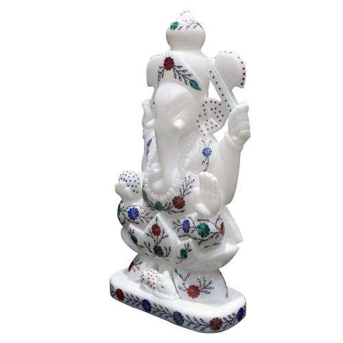 Floral Design White Marble Lord Ganesha Inlaid Lapis Lazuli