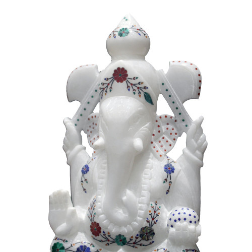 Floral Design White Marble Lord Ganesha Inlaid Lapis Lazuli