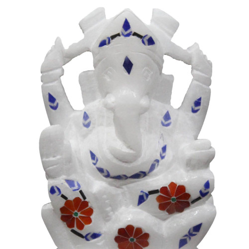 Alabaster Ganesha Statue Inlay Stones Artwork 4" Height