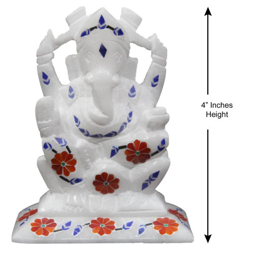 Alabaster Ganesha Statue Inlay Stones Artwork 4" Height