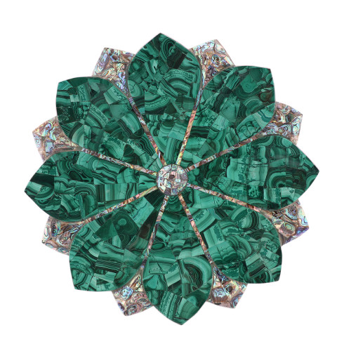 White Marble Lotus Leaf Bowl Inlaid Malachite Gemstone