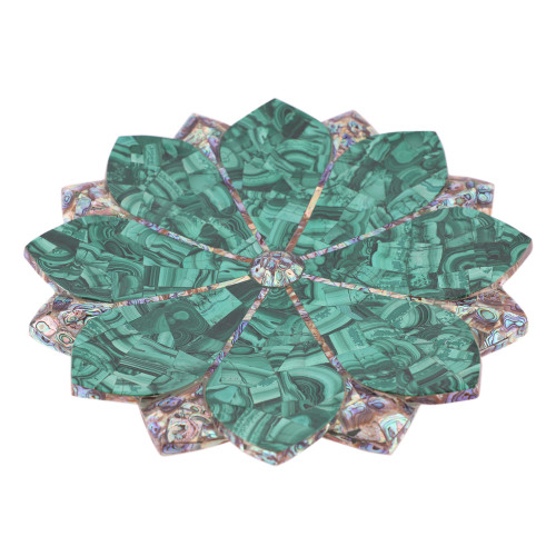 White Marble Lotus Leaf Bowl Inlaid Malachite Gemstone