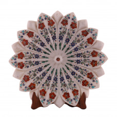 Antique Gemstone Inlaid White Marble Lotus Leaf Bowl Mosaic Art