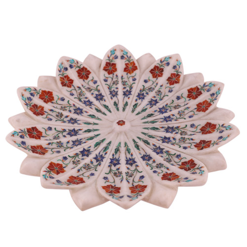 Antique Gemstone Inlaid White Marble Lotus Leaf Bowl Mosaic Art