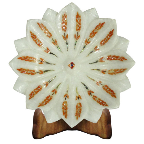 6" x 6" Inch Marble Lotus Leaf Bowl Inlaid Mother of Pearl Gemstone