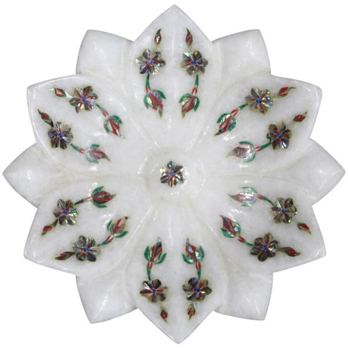 Marble Lotus Leaf Bowl Inlaid Fifteen Century Mughal Era Pietre Dure Work