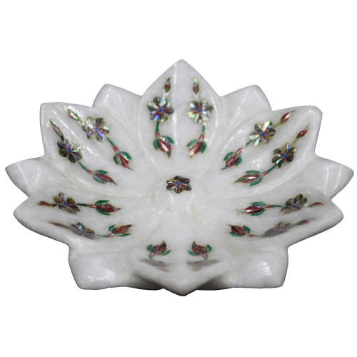 Marble Lotus Leaf Bowl Inlaid Fifteen Century Mughal Era Pietre Dure Work