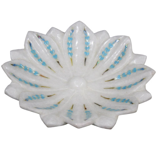White Marble Lotus Leaf Bowl With Scagliola Art 