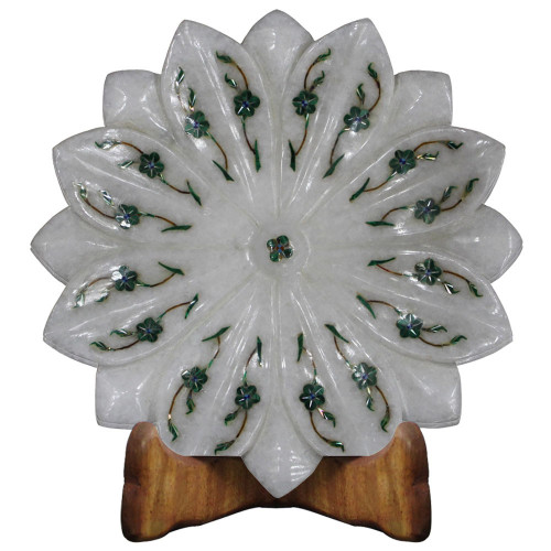 Marble Lotus Leaf Bowl With Unique Mosaic Art Work