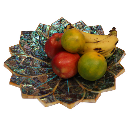 Marble Fruit Bowl Inlay Paua Shell and Turquoise Stones