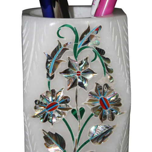 Floral Design Inlay Alabaster Marble Pen And Pencil Holder