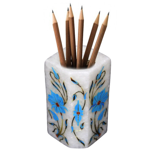 Antique White Marble Pen Holder Inlay Floral Design
