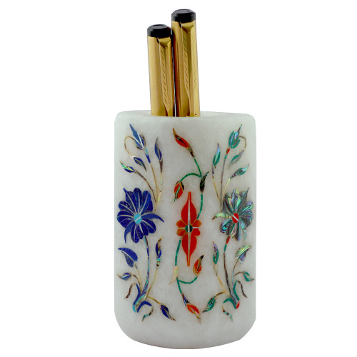 Flower Design Pen Holder Inlaid Multicolor Gemstones