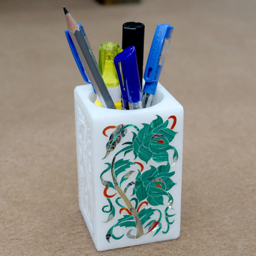 Square White Alabaster Marble  Inlay Pen Holder 4" Inch Height