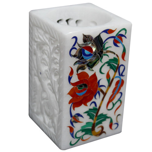 Floral White Alabaster Marble Pen Holder Pietra Dura Inlay Work