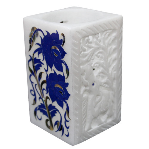 White Alabaster Marble Inlay Pen Holder cum Tissue Holder / Tiny Flower Vase With Floral Inlay Craft