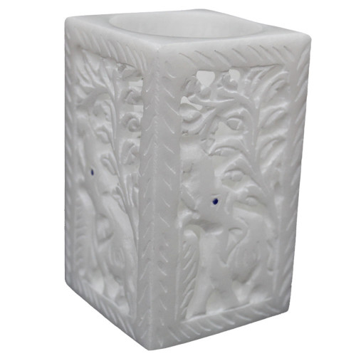 White Alabaster Marble Inlay Pen Holder cum Tissue Holder / Tiny Flower Vase With Floral Inlay Craft