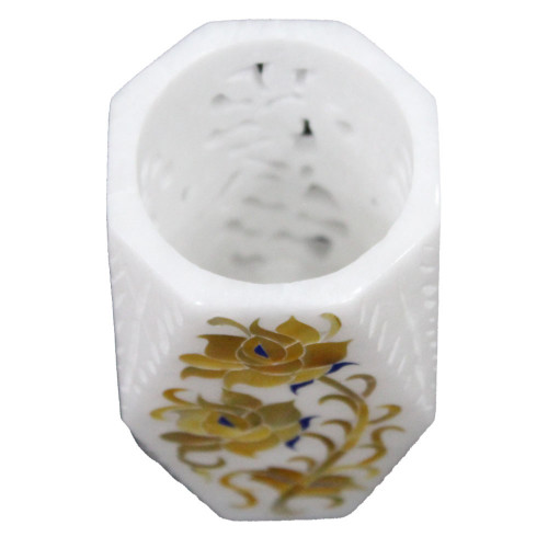 Floral Inlay White Pen Holder Cum Tissue Holder / Flower Vase 4" Inch Height