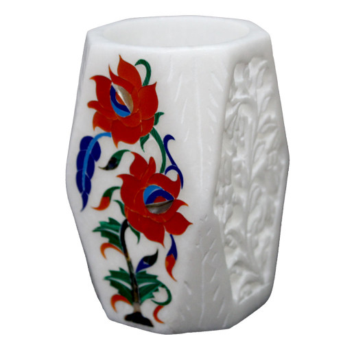 Flower Design White Marble Inlay Pen Holder Cum Tissue Holder | Tiny Flower Vase 