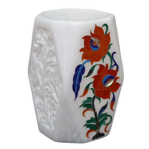 Flower Design White Marble Inlay Pen Holder Cum Tissue Holder | Tiny Flower Vase 