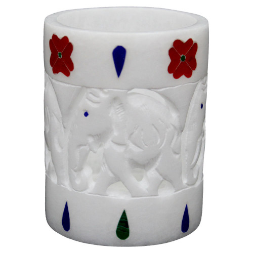 Handmade White Marble Desk Pen Holder Cum Tissue Holder | Tiny Flower Vase Online Buy