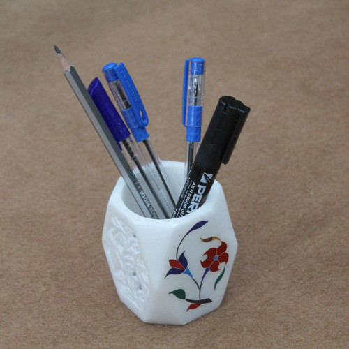 Floral Art Work Pen Holder cum Tissue Holder Inlaid With Stones Pietra Dura Craft Work