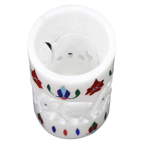 4" Inch White Marble Pen Holder | Candle Holder | Tissue Holder With Flower Inlay Art Work