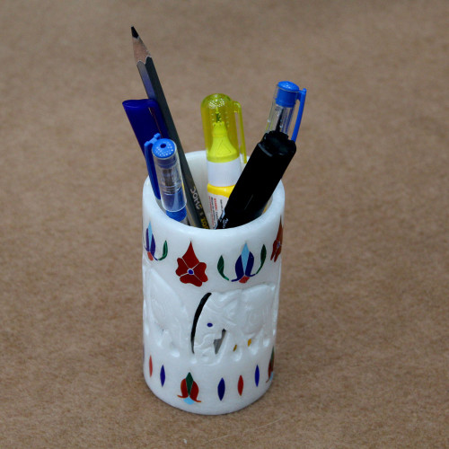 4" Inch White Marble Pen Holder | Candle Holder | Tissue Holder With Flower Inlay Art Work