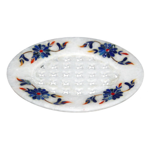 4" x 5" Inch Antique White Marble Soap Dish Inlaid Semiprecious Stones