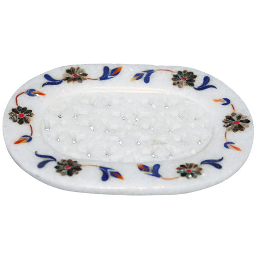 3.5" x 5" Inch Decorative White Marble Soap Tray Inlaid Lapislazuli Stone