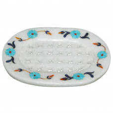 Turquoise Gemstone Inlaid White Soap Dish For Bathroom