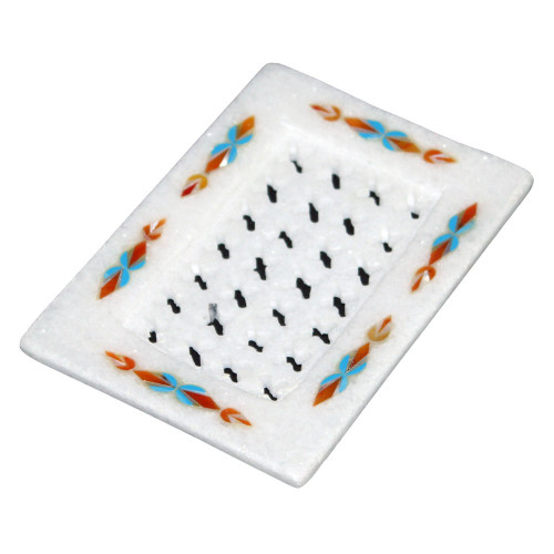 5" x 3.5" Inch Antique Pietra Dura Art Inlay White Soap Dish For Bathroom Decor