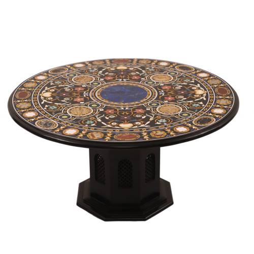 Pietra Dura Work Inlay Black Marble Top Coffee Table For Home