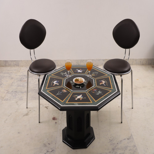 Antique Piece of Design Pietra Dura Black Marble Coffee Table