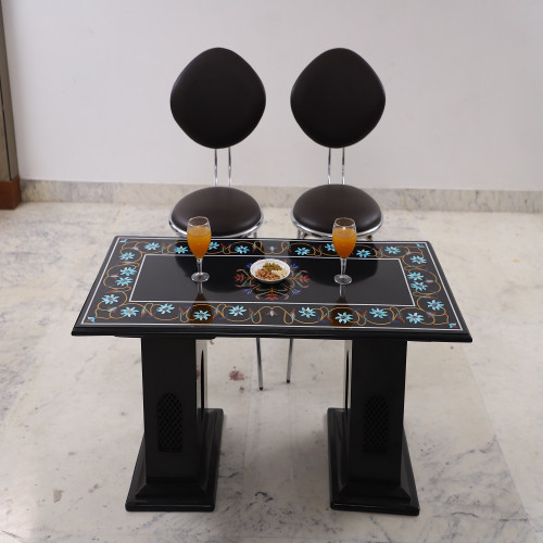 Rectangle Black Marble Coffee Table Inlay Semiprecious Gemstone