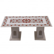 Floral Design Inlay Rectangle White Marble Coffee Table For Home Decor