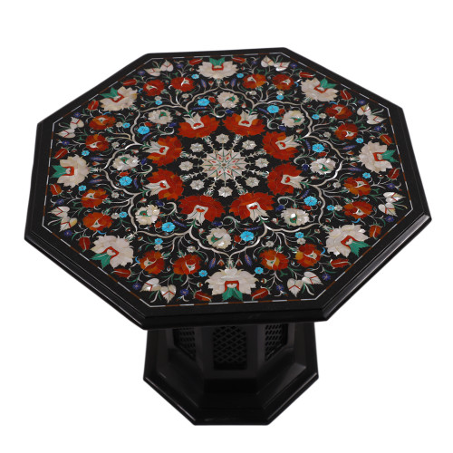 Floral Design Inlay Black Marble Outdoor Coffee Table