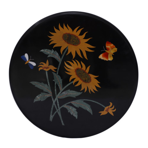 Round Black Marble Coffee Table Inlay Yellow Flower With Butterfly