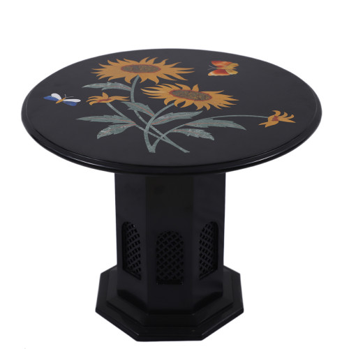 Round Black Marble Coffee Table Inlay Yellow Flower With Butterfly