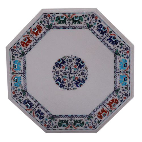 Modern Art Inlay Pietra Dura White Marble Top Coffee Table