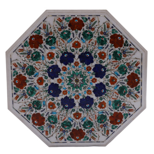Home Decorative Pietra Dura Work Inlay White Marble Coffee Table