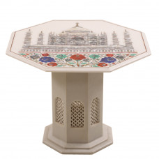 Taj Mahal Inlay White Marble Coffee Table Top