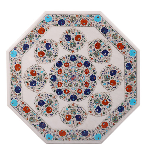 Floral Design Inlay Octagonal White Marble Top Coffee Table