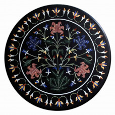 Round Black Marble Coffee Table Inlay Floral Art Work